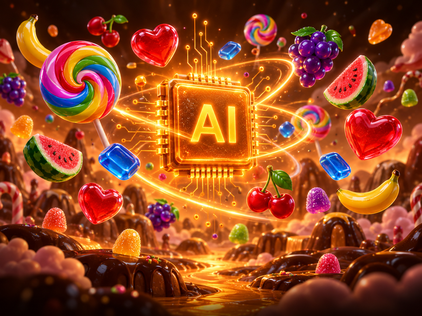 Ilustrasi permen, buah, dan chip AI oranye bertema Sweet Bonanza
